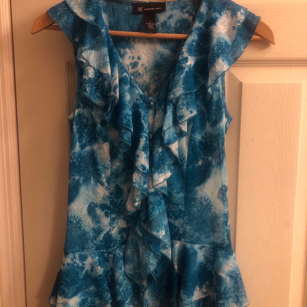 Inc blouse.  Blue & white print. Ruffles and full button top. Sleeveless. Mesh